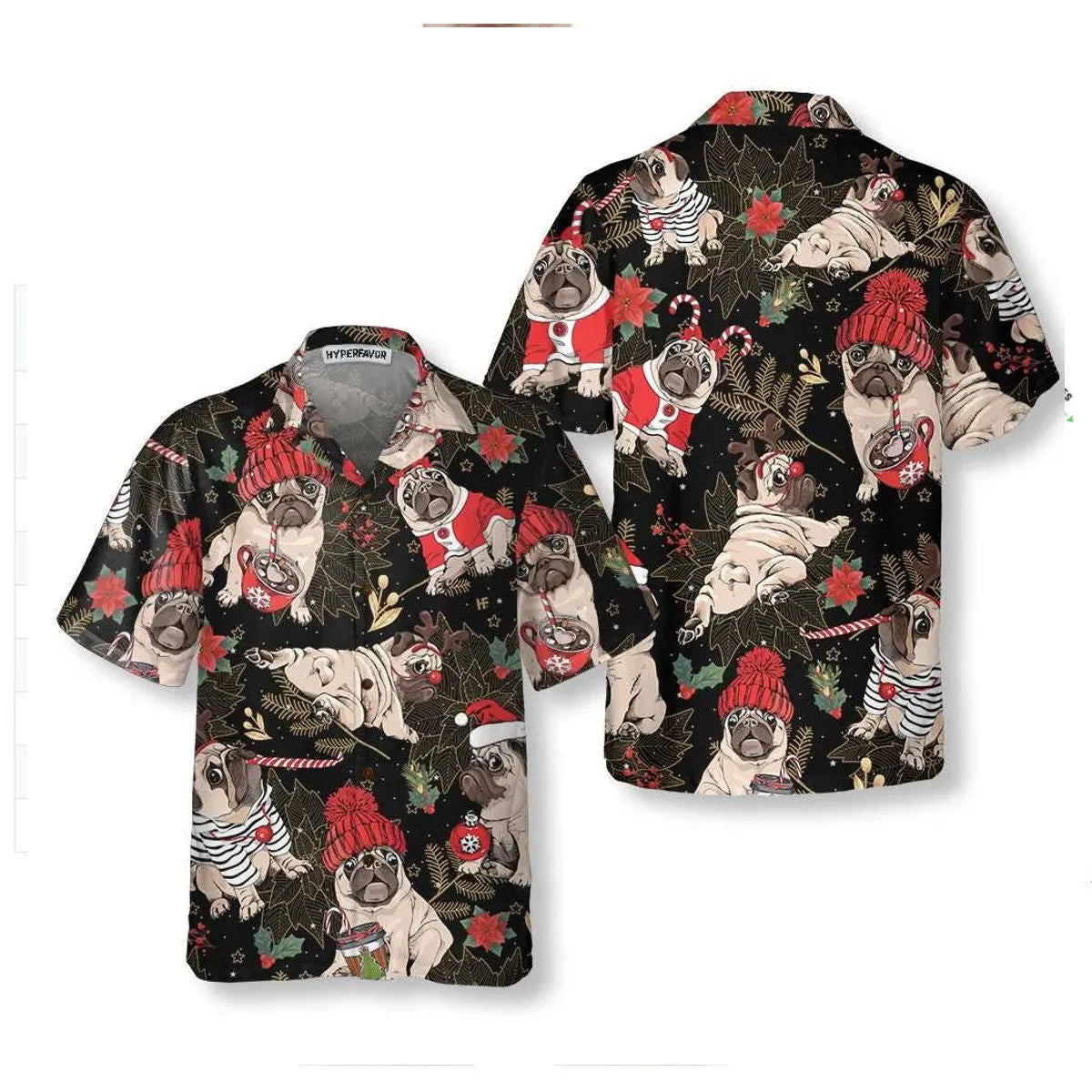 Merry Pug Christmas Hawaiian Shirt | Festive Dog Print Button Down | Premium Lightweight Fabric | Funny Holiday Gift for Dog Lovers