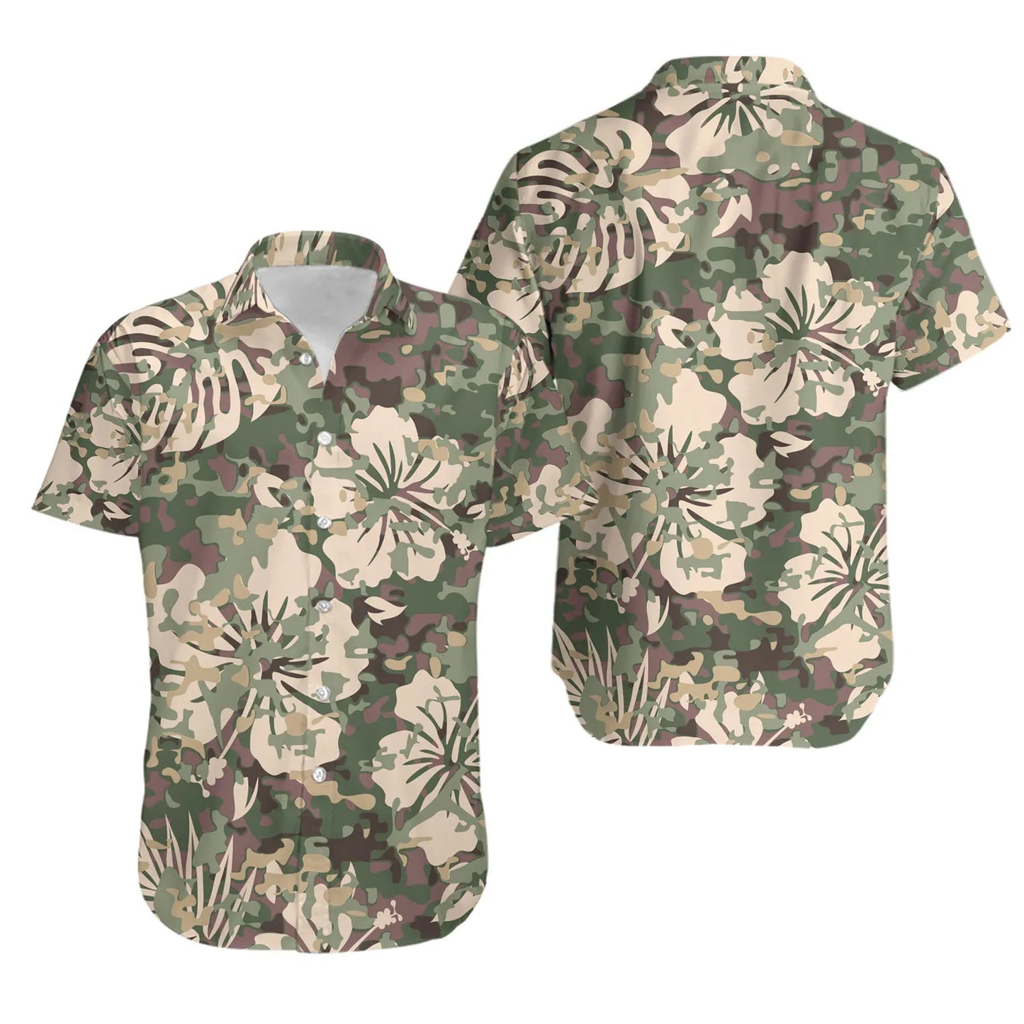Camo Hawaiian Shirt | Floral Botanical Camouflage Print | Lightweight Tropical Summer Wear | Gift For Him And Her