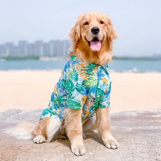 Large Dog Hawaiian Shirt | Tropical Botanical Floral Print | Breathable Lightweight Fabric | Summer Beach Outfit for Golden Retrievers