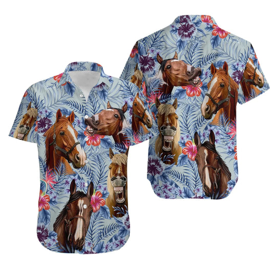 Horse Hawaiian Shirt | Tropical Floral Print | Lightweight Summer Fabric | Unique Equestrian Gift for Horse Lovers