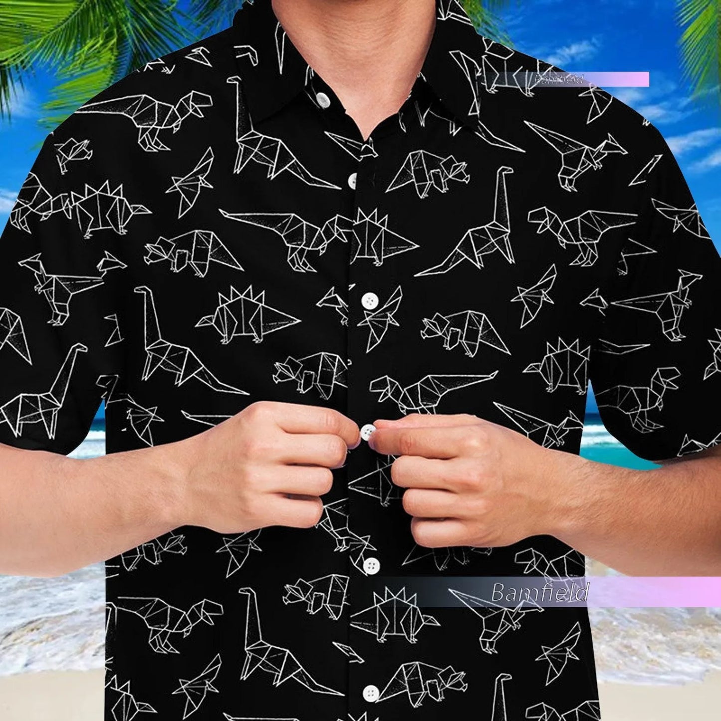 Dinosaur Hawaiian Shirt | Geometric Origami Print | Lightweight Summer Button Up | Unique Gift For Dinosaur Lovers