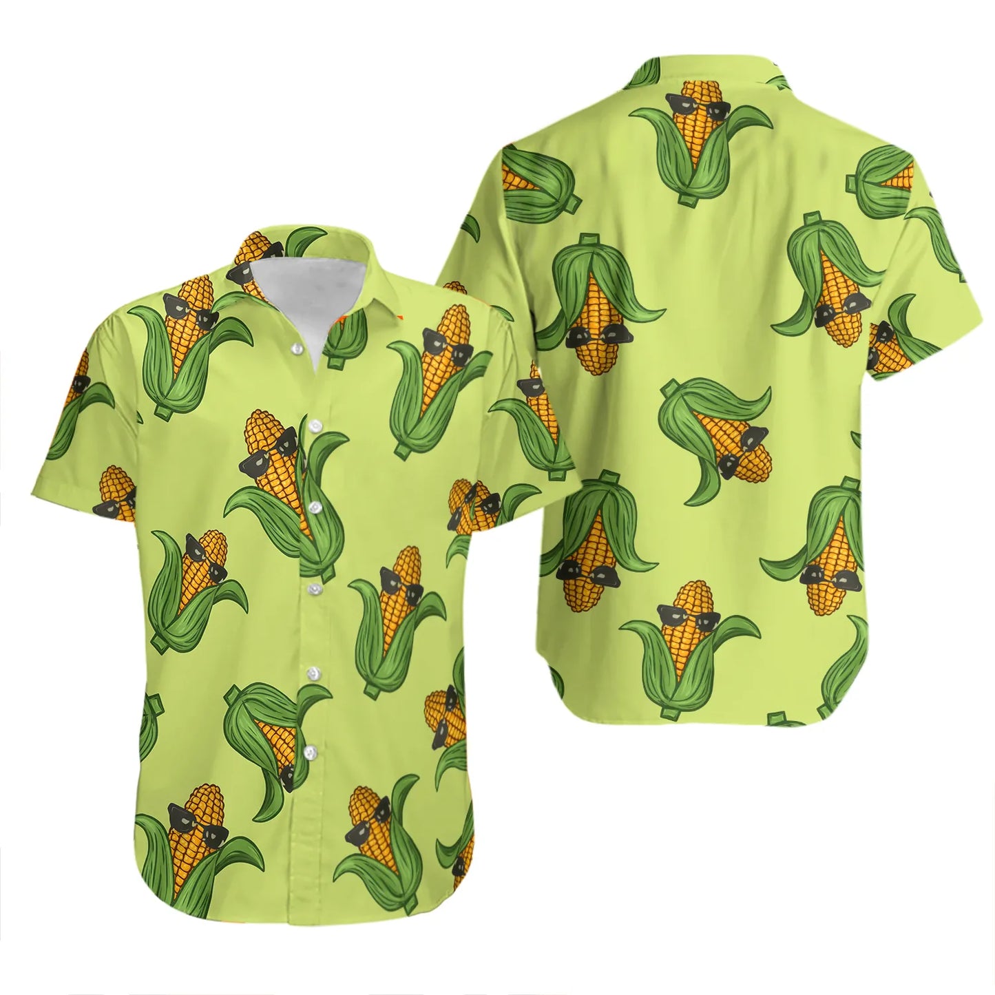 Funny Corn Hawaiian Shirt | Cartoon Sunglasses Corn Print | Lightweight Tropical Summer Beach Top | Unique Foodie Gift for Him