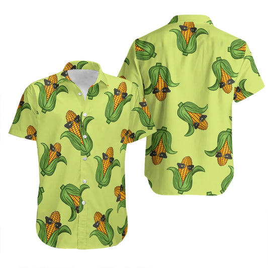 Funny Corn Hawaiian Shirt | Cartoon Sunglasses Corn Print | Lightweight Tropical Summer Beach Top | Unique Foodie Gift for Him