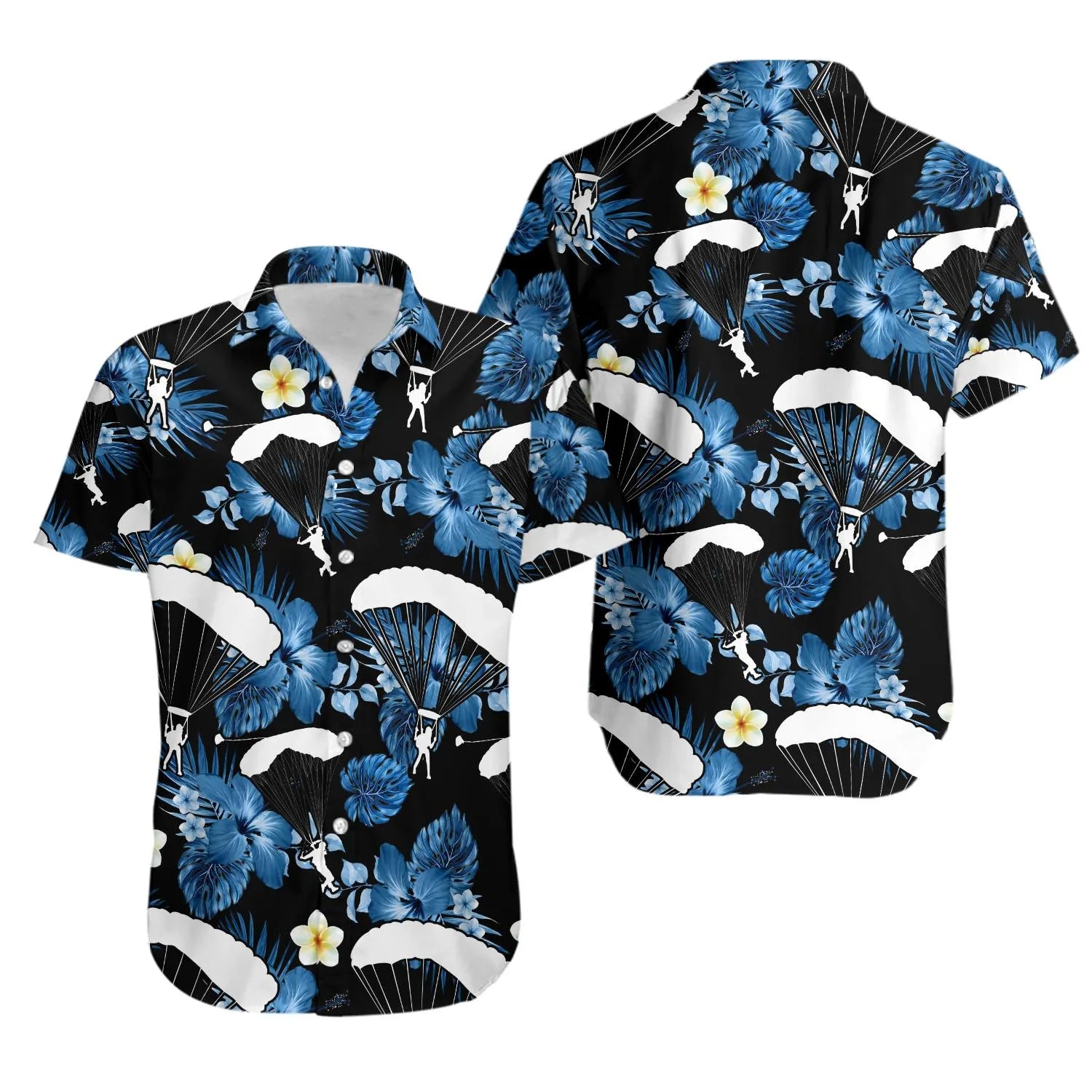 Skydiving Hawaiian Shirt | Tropical Parachute Floral Print | Lightweight Summer Aloha Wear | Gift for Extreme Sports Enthusiast