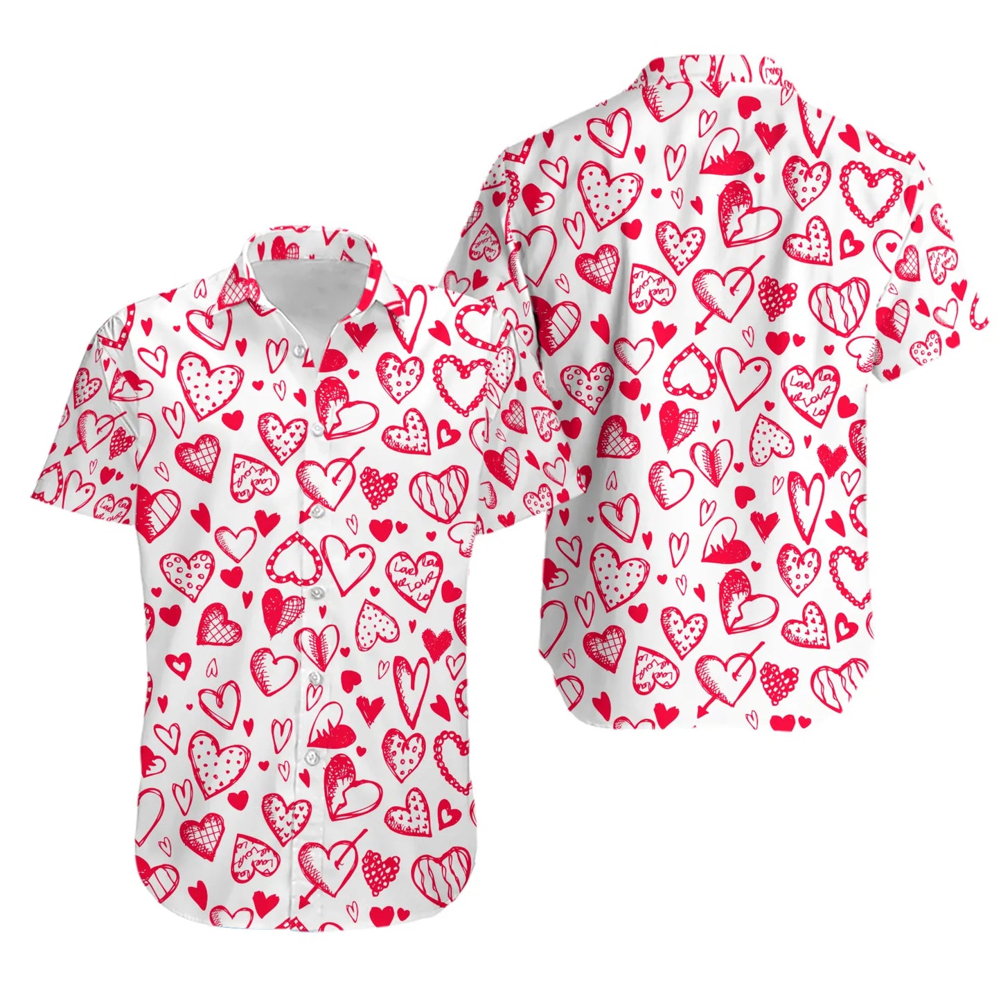 Valentine Heart Hawaiian Shirt | Red Hand-Drawn Love Pattern | Premium Lightweight Button Down | Unisex Romantic Summer Gift
