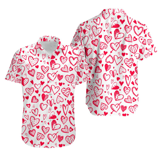 Valentine Heart Hawaiian Shirt | Red Hand-Drawn Love Pattern | Premium Lightweight Button Down | Unisex Romantic Summer Gift