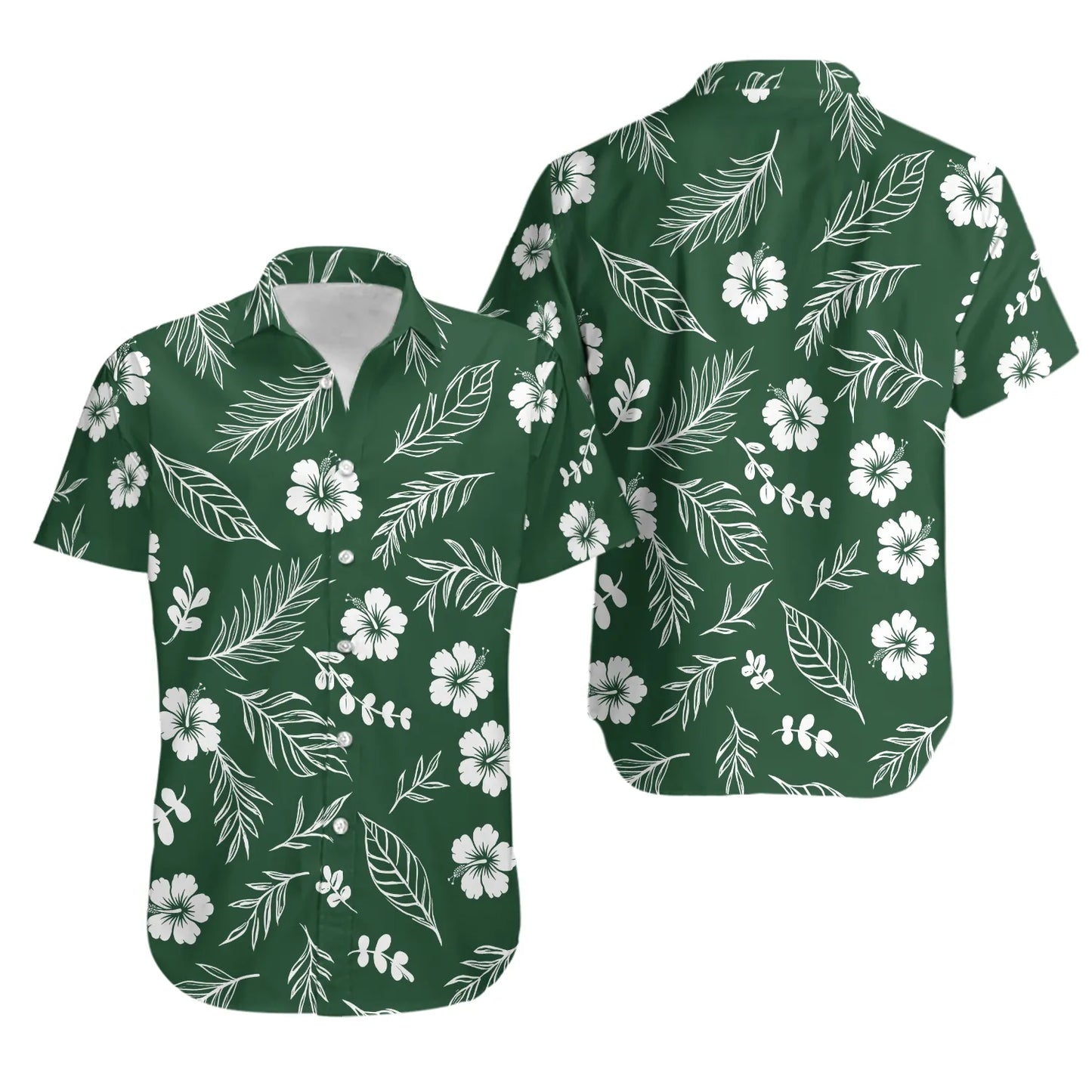 Tropical Hibiscus Hawaiian Shirt | Dark Green Botanical Print | Lightweight Summer Button Down | Premium Vacation Resort Wear