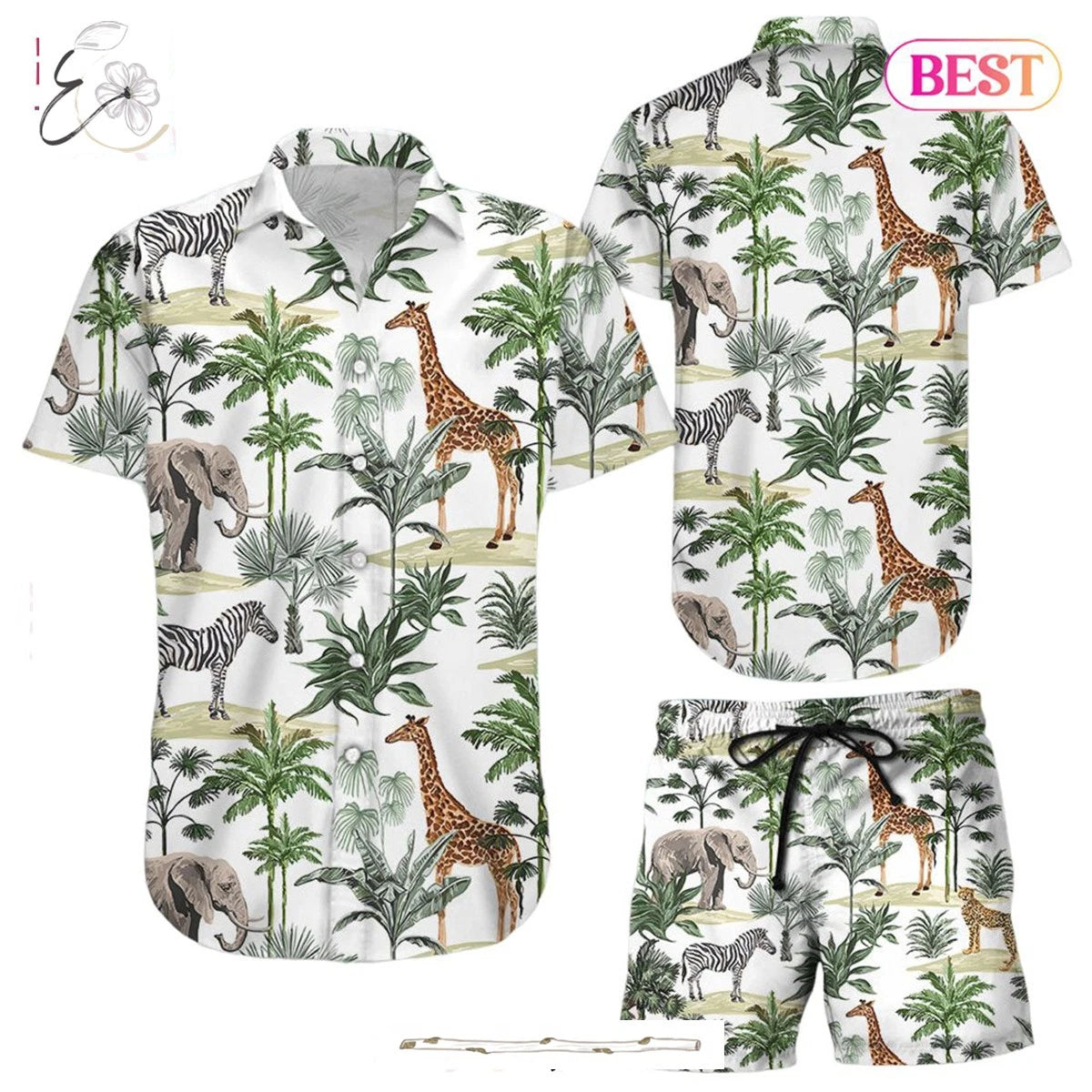 Safari Animal Hawaiian Shirt Set | Elephant Giraffe Zebra Print | Tropical Beach Outfit | Unisex Summer Vacation Gift
