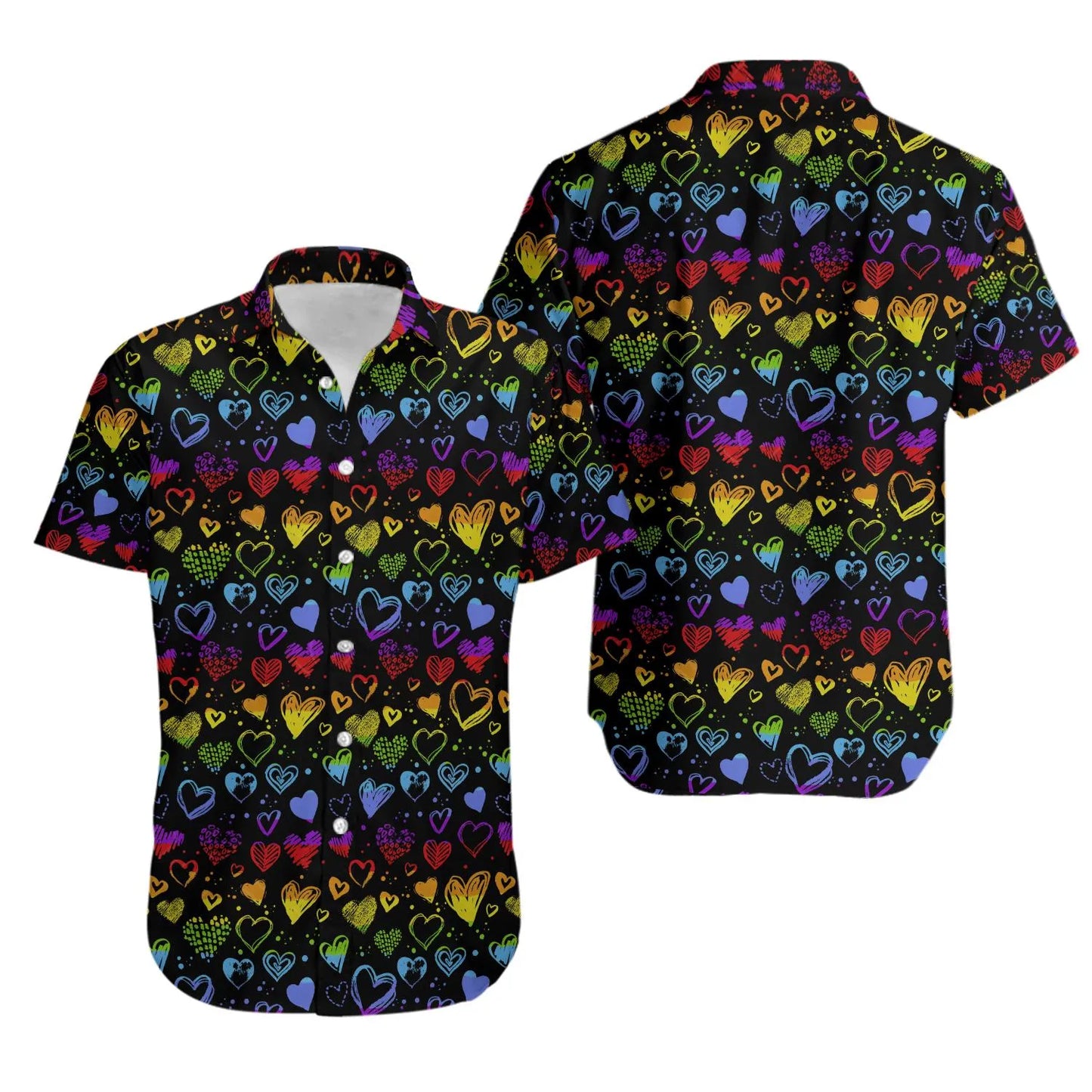 Rainbow Heart Hawaiian Shirt | Vibrant LGBTQ Pride Pattern | Lightweight Summer Aloha Top | Unisex Gift for Pride Month Celebration