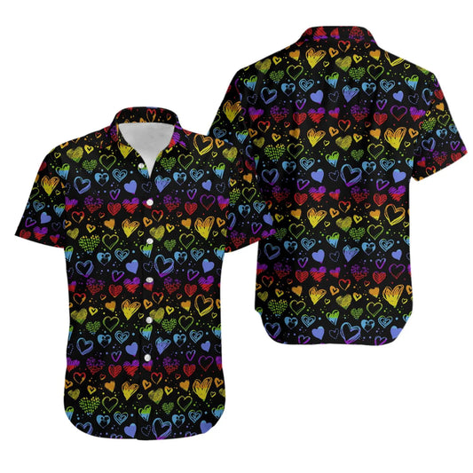 Rainbow Heart Hawaiian Shirt | Vibrant LGBTQ Pride Pattern | Lightweight Summer Aloha Top | Unisex Gift for Pride Month Celebration
