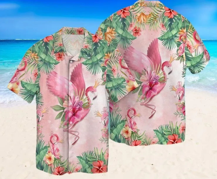 Flamingo Hawaiian Shirt | Tropical Floral Beach Print | Premium Lightweight Fabric | Unisex Summer Vacation Gift