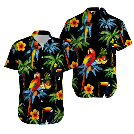 Hawaiian Parrot Tropical Shirt | Vibrant Macaw & Toucan Floral Print | Premium Summer Aloha Apparel | Vacation Gift for Nature Lovers