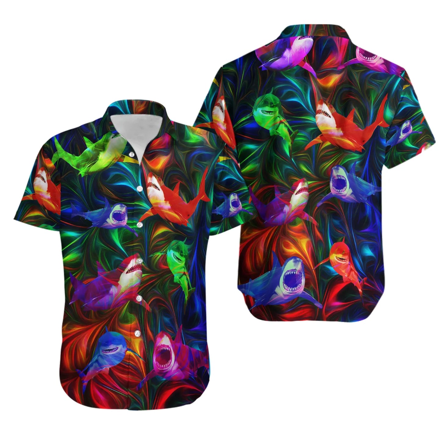 Neon Shark Hawaiian Shirt | Psychedelic Ocean Art Print | Lightweight Breathable Fabric | Unique Gift for Shark Lovers