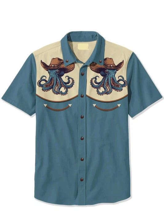 Western Octopus Cowboy Shirt | Surreal Sea Creature Graphic | Lightweight Summer Apparel | Unique Gift For Ocean Lovers