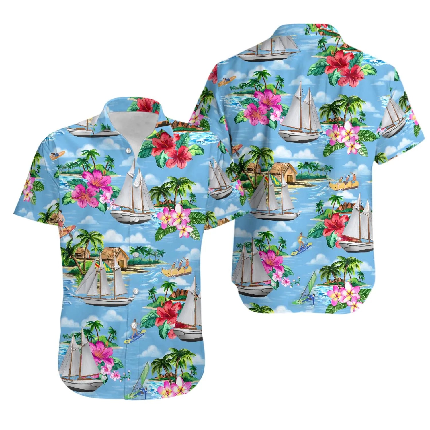 Sailing Boat Hawaiian Shirt | Tropical Beach Floral Print | Premium Summer Aloha Apparel | Gift For Sailors And Beach Lovers