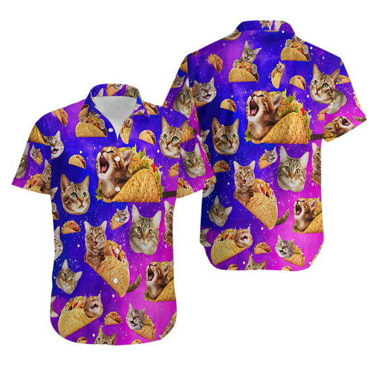 Taco Cat Hawaiian Shirt | Galaxy Space Print Button Down | Premium Lightweight Fabric | Funny Mexican Food Gift For Men Women