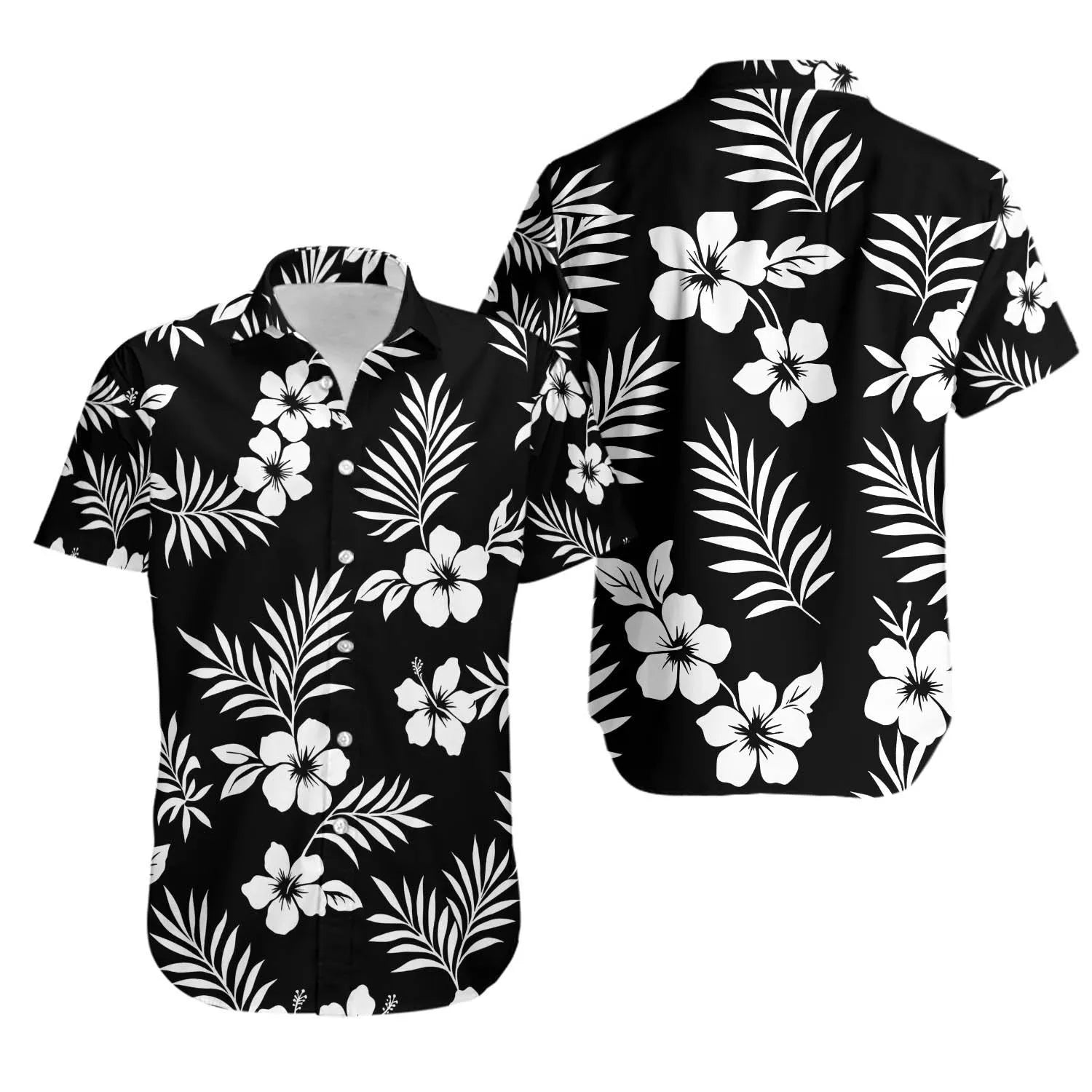 Black Hawaiian Shirt | White Hibiscus Floral Print | Lightweight Summer Aloha Beachwear | Gift for Men and Women