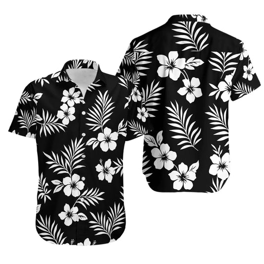 Black Hawaiian Shirt | White Hibiscus Floral Print | Lightweight Summer Aloha Beachwear | Gift for Men and Women