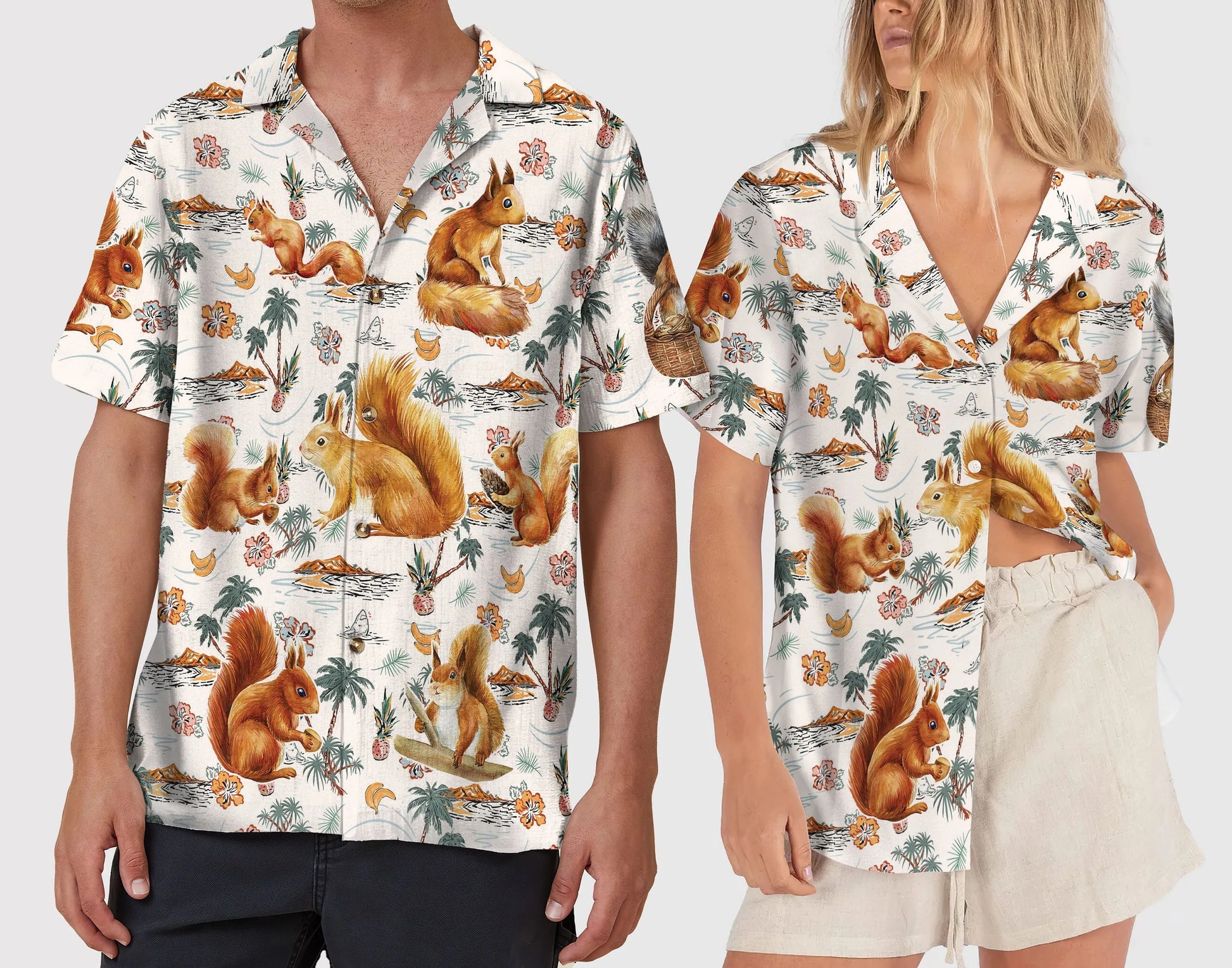 Squirrel Hawaiian Shirt | Tropical Floral Animal Print | Lightweight Summer Aloha Shirt | Gift for Nature and Squirrel Lovers