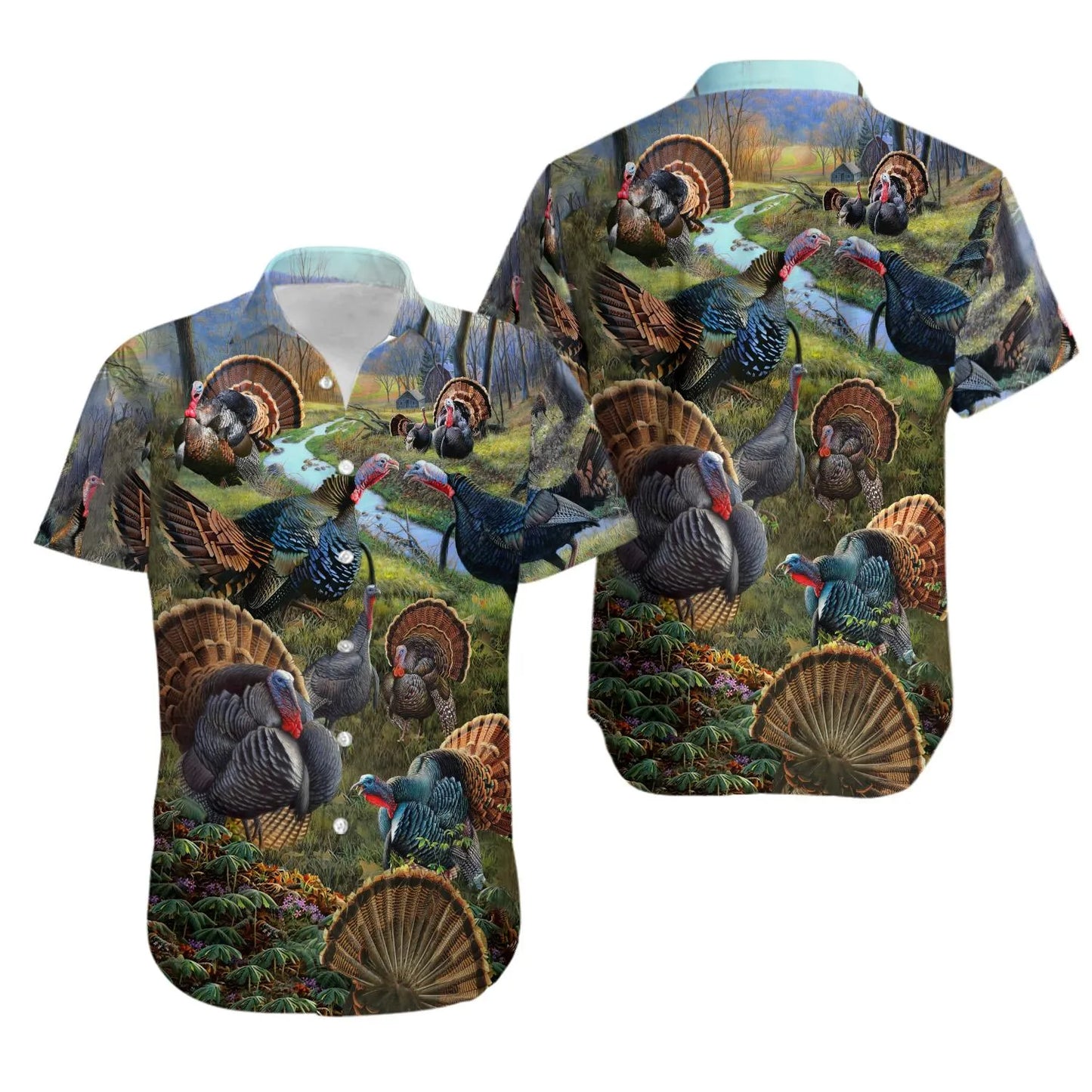 Wild Turkey Print Hawaiian Shirt | Realistic Forest Meadow Design | Lightweight Breathable Fabric | Unique Gift For Nature Lovers And Hunters