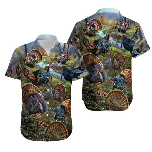 Wild Turkey Print Hawaiian Shirt | Realistic Forest Meadow Design | Lightweight Breathable Fabric | Unique Gift For Nature Lovers And Hunters