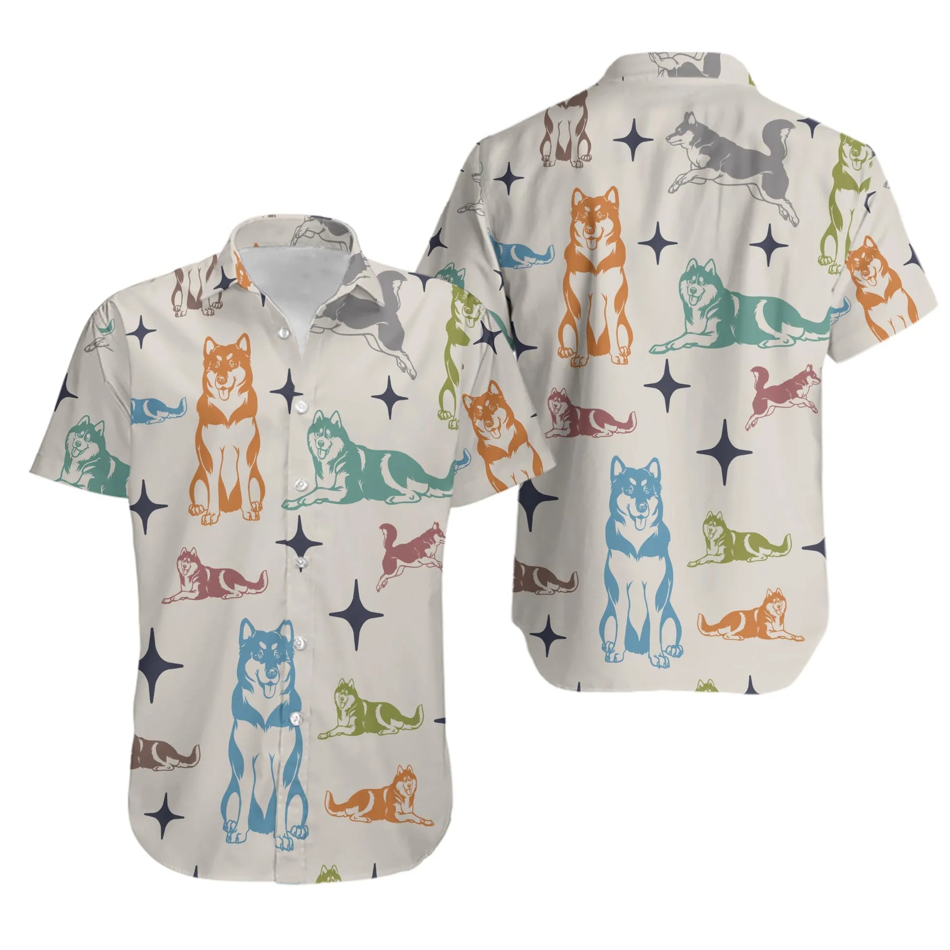 Husky Hawaiian Shirt | Colorful Dog Pattern | Breathable Poly-Spandex Blend | Unique Gift for Husky Lovers