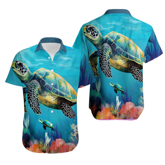 Sea Turtle Hawaiian Shirt | Tropical Ocean Reef Graphic | Lightweight Summer Apparel | Gift for Marine Life Lovers