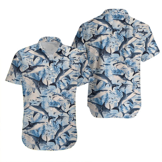 Shark Hawaiian Shirt | Blue Ocean Marine Life Print | Lightweight Breathable Fabric | Summer Beach Vacation Gift for Men