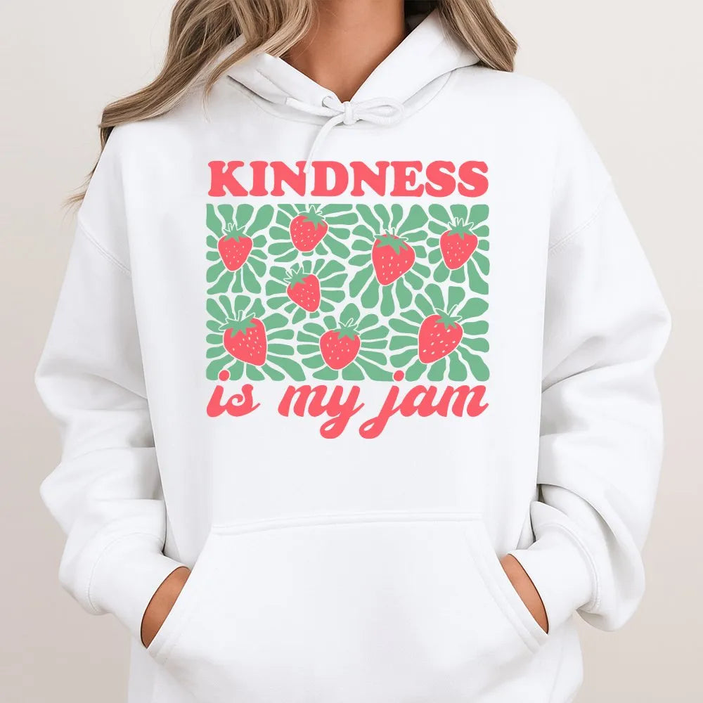 Kindness Is My Jam Hoodie | Retro Strawberry Graphic Print | Soft Cotton-Poly Blend | Positive Teacher Gift Sweatshirt