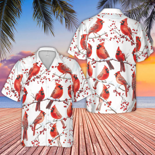 Cardinal Hawaiian Shirt | Festive Winter Bird Print | Lightweight Polyester | Nature Lover Gift Idea