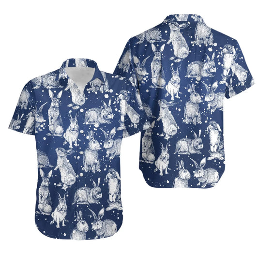 Rabbit Print Hawaiian Shirt | Vintage Sketch Animal Art | Lightweight Summer Button Down | Gift For Rabbit Lovers