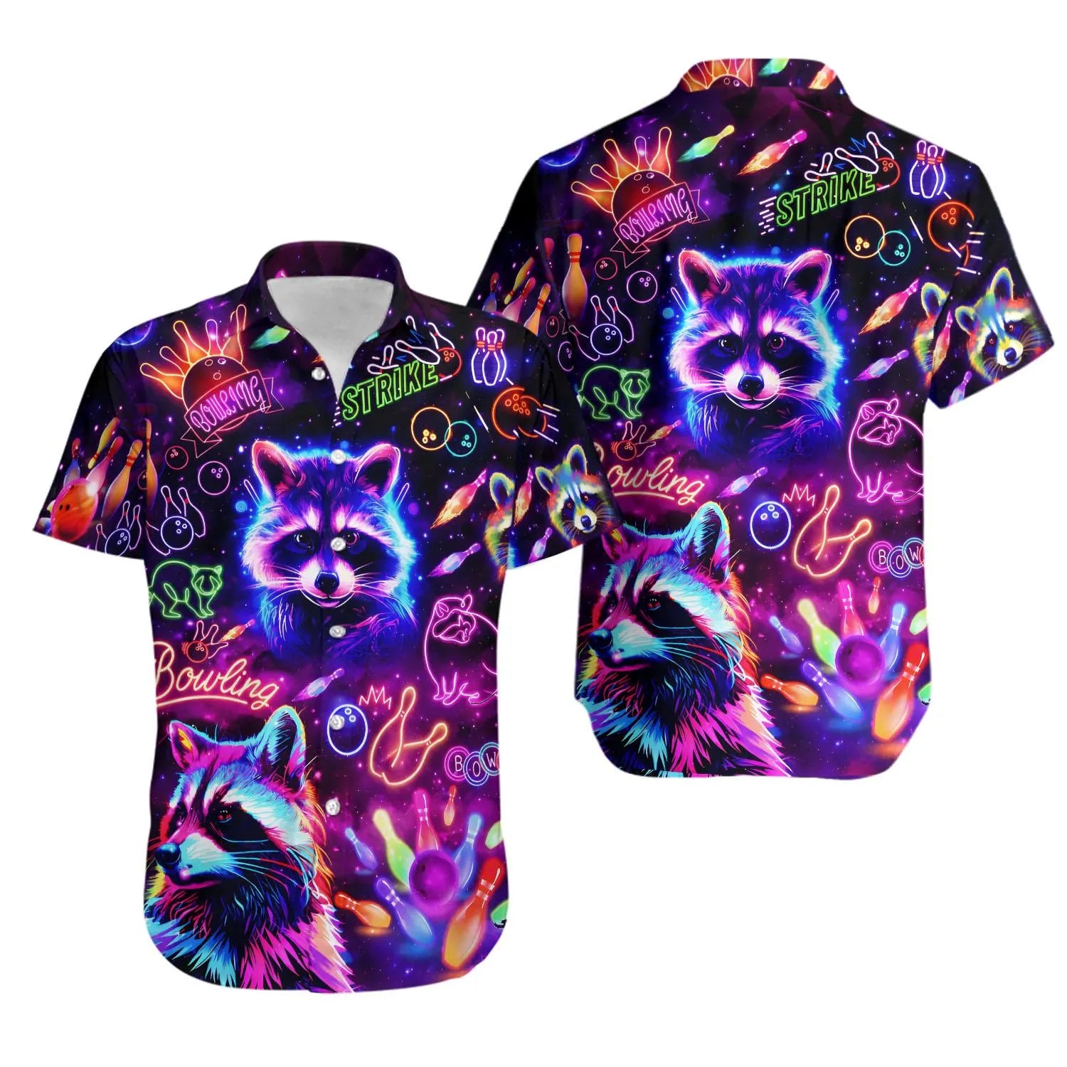 Funny Neon Raccoon Hawaiian Shirt | Bowling Strike Space Graphic | Lightweight Summer Aloha Top | Unique Gift for Bowling Players