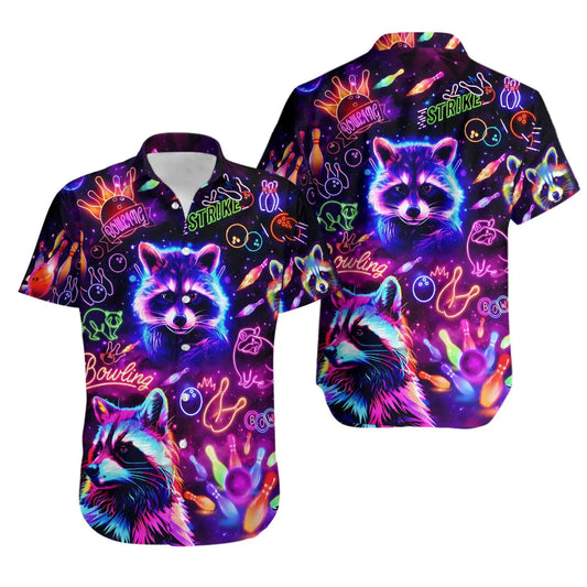 Funny Neon Raccoon Hawaiian Shirt | Bowling Strike Space Graphic | Lightweight Summer Aloha Top | Unique Gift for Bowling Players