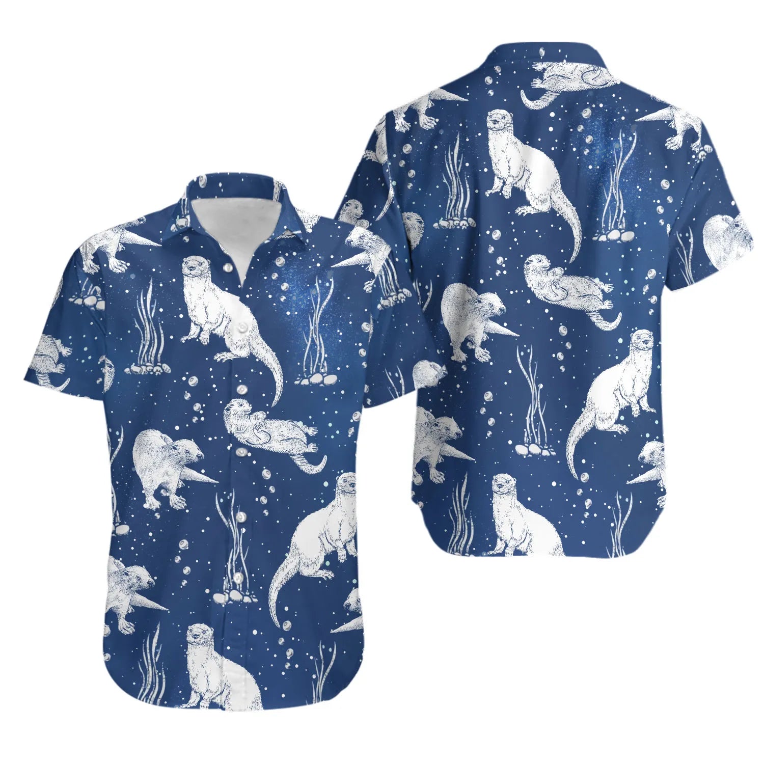 Otter Print Hawaiian Shirt | Nautical Animal Art Pattern | Lightweight Summer Beachwear | Gift for Wildlife Lovers
